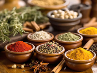 spices and dried herbs on wooden table