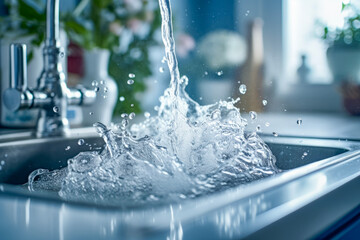 Close up of from water tab water comes out vigorously to splashes with full water of modern kitchen sink. Environmental concept of savings and savings.