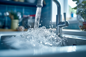 Close up of from water tab water comes out vigorously to splashes with full water of modern kitchen sink. Environmental concept of savings and savings. - obrazy, fototapety, plakaty