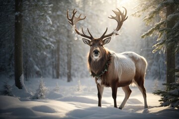 Naklejka na ściany i meble Majestic Christmas Reindeer in Snowy Forest - Photorealistic Winter Wildlife Scene