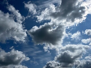 Blue sky with fluffy clouds, natural heavens background