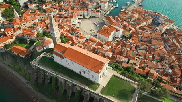 Aerial view of the Piran old town, Mediterranean coast, Slovenia