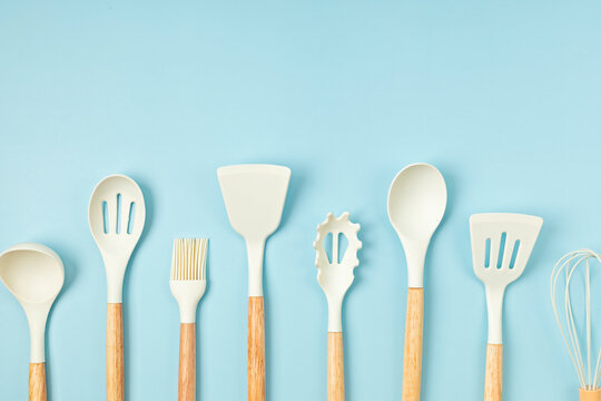 Pastel color kitchen utensils top view. Cooking blog, classes, workshop, recipe template concept