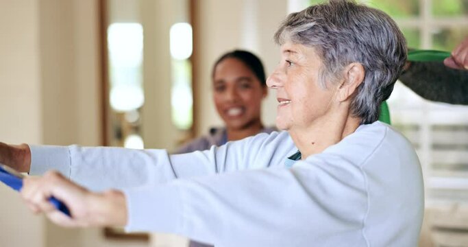 Physiotherapist, senior woman and resistance band for exercise, recovery and healthy muscle in retirement. Physiotherapy, personal trainer and workout for stretching, rehabilitation and nursing home