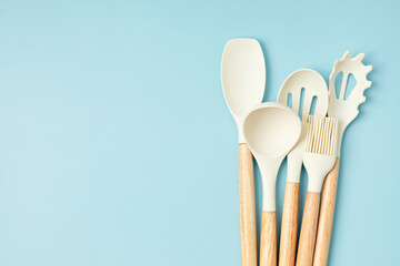 Pastel color kitchen utensils top view. Cooking blog, classes, workshop, recipe template concept