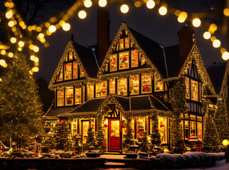 Cozy Christmas closeup neon lights cinematic.