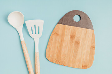 Pastel color kitchen utensils top view. Cooking blog, classes, workshop, recipe template concept