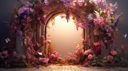 Fototapeta na wymiar A doorway with flowers and butterflies surrounding it