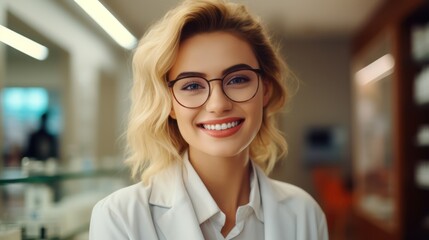 Fototapeta premium Young woman pharmacist smiling confident standing at pharmacy