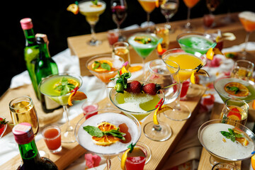 Set of colorful cocktails before the event.