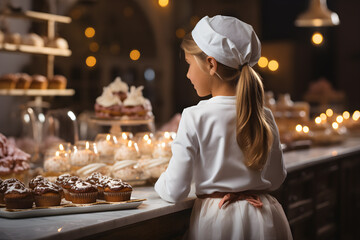 Children's pastry chef. Back view. A cute girl smiling and having fun, wearing an apron and a chef's hat. Standing behind the counter. Making sweets, bakery, cake. dream job inspiration for kid.