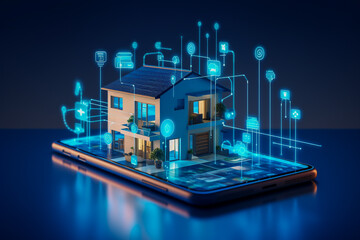 Smart home. Mobile device with modern house. Symbolize  complex wireless technology. IOT, internet of things, concept. Interconnected smart appliances. AI generative illustration.