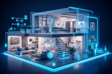 Smart home. Futuristic modern house with complex technology. IOT, internet of things, concept. Interconnected smart appliances. AI generative illustration.