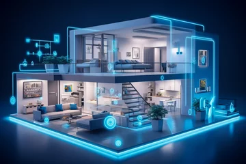 Fotobehang Smart home. Futuristic modern house with complex technology. IOT, internet of things, concept. Interconnected smart appliances. AI generative illustration. © Anna