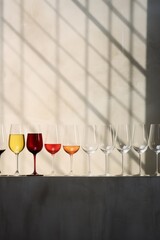 Wine glasses in different colors on the bar counter. Wine tasting concept