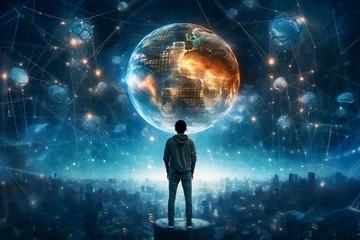 Fotobehang A man in front of planet earth with technology hologram. Symbolizing complex information exchange and connecting people. IOT, internet of things, concept. AI generative, illustration. © Anna
