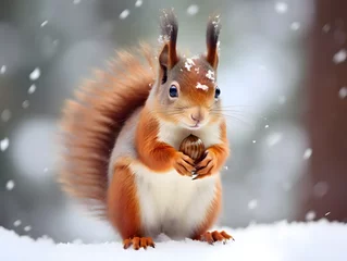 Deurstickers A charming red squirrel gathering nuts amidst a snowy backdrop © dreamdes