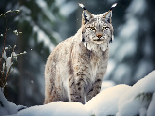 Fototapeta premium A curious lynx observing its surroundings in a winter forest. Photo of wild life