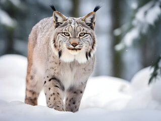 A bobcat stalking prey in a snowy forest. Bokeh woods background. Wildlife photography