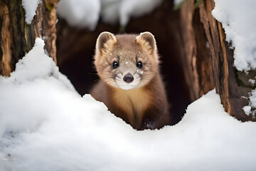 A curious marten exploring a snowy hollow log. Winter wildlife photo - obrazy, fototapety, plakaty