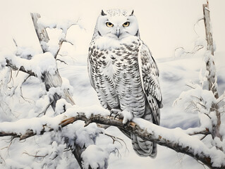 A regal snowy owl perched on a snow-covered branch. Detailed ink drawing