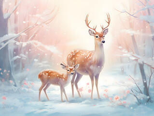 A family of deer exploring a snowy clearing. A dreamy pastel illstration