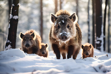A family of wild boars foraging for food in a snowy forest. Wildlife photo