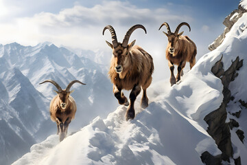 A group of ibex climbing a steep snowy mountain. Winter wildlife photo