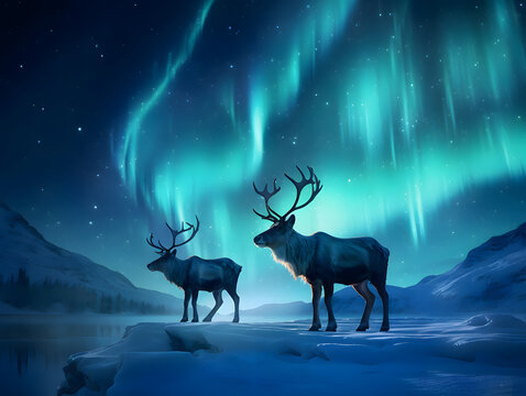 An enchanting photo of a group of reindeer grazing peacefully in a snowy field while the ethereal glow of the northern lights illuminates the backdrop