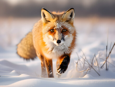 A captivating photo of a red fox gracefully pouncing through a snowy field