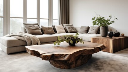 Live edge wooden coffee table near corner sofa. Interior design of modern living room in farmhouse