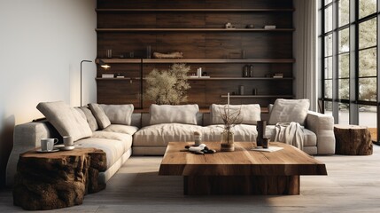Live edge wooden coffee table near corner sofa. Interior design of modern living room in farmhouse
