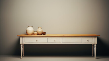 A white table with a wooden top, two drawers on either side and four legs