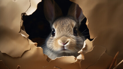 Little rabbit looks through a hole in paper - obrazy, fototapety, plakaty