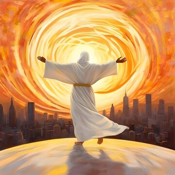 Whirling Dervish: Dynamic Man in White Robe, Sunlit in New York City