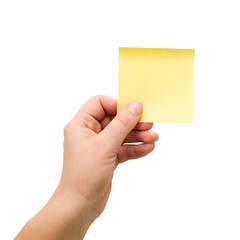 Yellow note paper in hand. Blank sticker for notes with place for your text