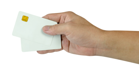 Hand holding blank white credit card isolated. Plastic debit-card