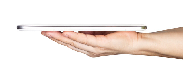 businessman hand holding white tablet computer isolated