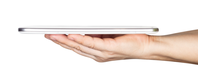 businessman hand holding white tablet computer isolated