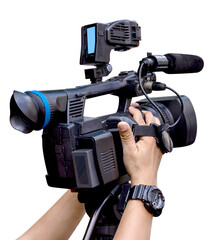 hand holding a video camera isolated