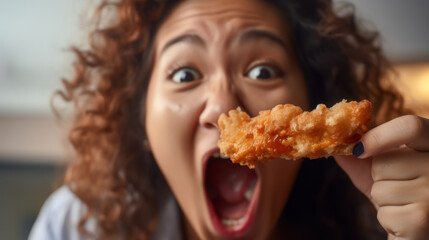 Woman eating a takeaway fried chicken wing from fast food cafe with a mouth and teeth close up