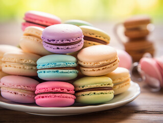Obraz premium Classic French macarons, vibrant pastel colors, arranged on a rustic wooden table, backlight, soft focus