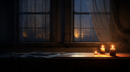 A dimly lit room with a single candle flickering in the corner