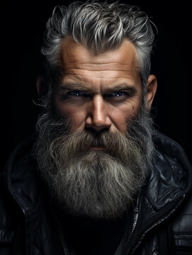 a man with a Balbo beard, grey and black hues. Studio lighting for dramatic effect, black background for a classic look
