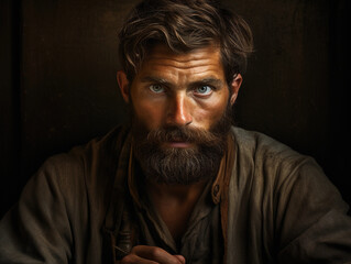 Fototapeta premium man with a French fork beard, soulful eyes and a pensive expression. Shot indoors, softbox lighting