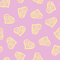 Hand Drawn Seamless Patterns with Hearts in Doodle Style. Romantic Love Digital Paper for Valentines Day. Colorful Hearts on Pastel Pale Pink Background.