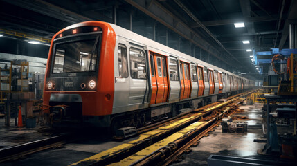 An underground subway maintenance depot, with trains undergoing repairs and maintenance - obrazy, fototapety, plakaty