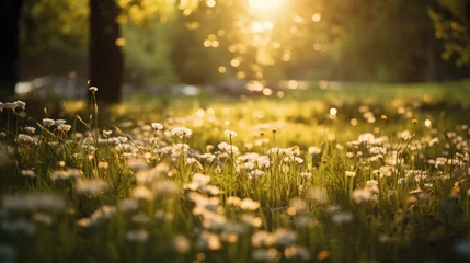 Photo sur Plexiglas Prairie, marais forest clearing during golden hour, buttery bokeh, fields of wildflowers, translucent petals, radiant beams of sunlight, soft focus for dreamy feel