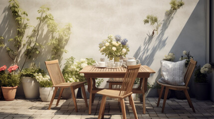 An outdoor terrace with a few chairs a table and a few potted plants