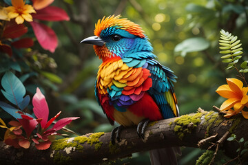 Obraz premium A colorful bird sits on a branch in the forest.